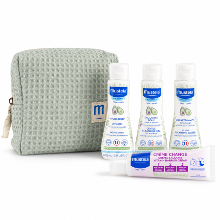 Neceser Mustela Beige con 4 Productos de Viaje para Bebé