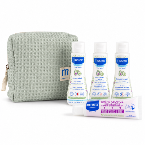 Neceser Mustela Beige con 4 Productos de Viaje para Bebé