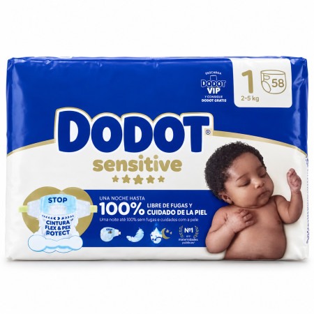Pañales Dodot Sensitive Talla 1 (2-5 kg) 58 Unidades – Suavidad Extrema + Barrera Stop Fugas