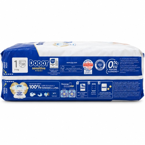 Pañales Dodot Sensitive Talla 1 (2-5 kg) 58 Unidades – Suavidad Extrema + Barrera Stop Fugas