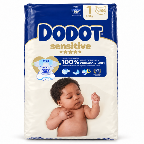 Pañales Dodot Sensitive Talla 1 (2-5 kg) Pack Ahorro 116 Unidades (2x58) – Suavidad Extrema + Barrera Stop Fugas