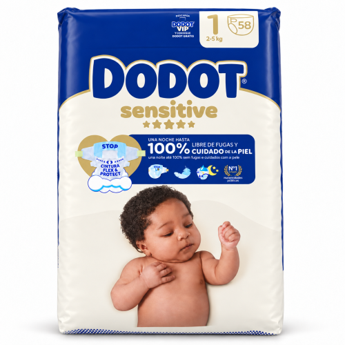 Pañales Dodot Sensitive Talla 1 (2-5 kg) 58 Unidades – Suavidad Extrema + Barrera Stop Fugas