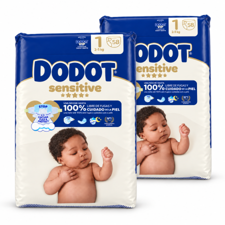 Pañales Dodot Sensitive Talla 1 (2-5 kg) Pack Ahorro 116 Unidades (2x58) – Suavidad Extrema + Barrera Stop Fugas