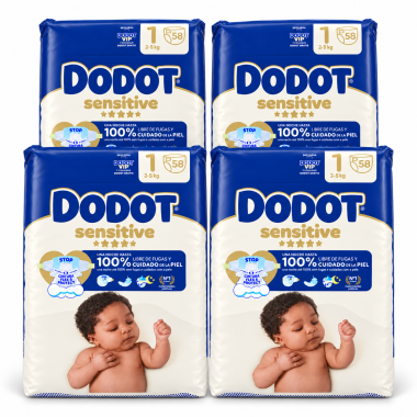 Pañales Dodot Sensitive Talla 1 (2-5 kg) Pack Súper Ahorro 232 uds (4x58) Cintura Flex & Protect y la barrera STOP