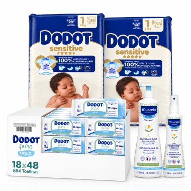 Pack Súper Ahorro: Pañales dodot sensitive  talla 1 + Toallitas Dodot Pure + Gel de baño Mustela + Colonia Mustela