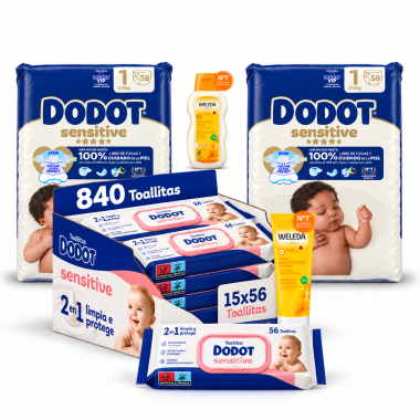 Pack Súper Ahorro: Pañales dodot sensitive  talla 1 + Toallitas Dodot sensitive + Gel champu Weleda+ Aceite Weleda