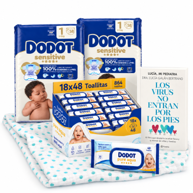 Pack Súper Ahorro Pañales Dodot Sensitive Talla 1 (116 uds) + Toallitas Pure Aqua + Libro + Muselina Recién Nacido