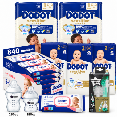 Pack Súper Ahorro: Pañales Dodot Sensitive Talla 1 + Talla 2 + Toallitas Sensitive + Biberones y Cepillo Tommee Tippee