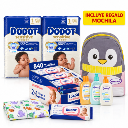Pack Súper ahorro bebé Dodot Sensitive + Nenuco + toallitas 840 uds + cambiador + Regalo Mochila