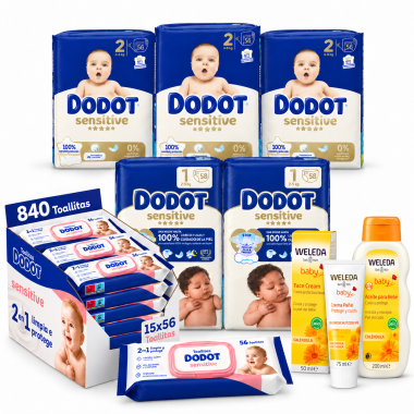 Pack Súper Ahorro Dodot Sensitive Talla 1 y 2 + Toallitas + Weleda Caléndula | Kit Completo Recién Nacido