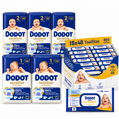 Dodot Sensitive Pack Ahorro Bebé: Pañales T1 (116) + T2 (174) + Toallitas Aqua Pure 864 uds, suavidad y anti fugas