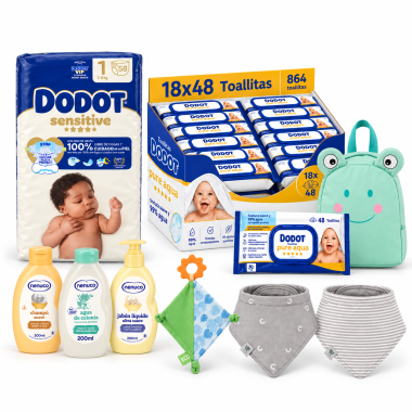 Pack Súper Ahorro Bebé Dodot Sensitive Talla 1 (58 uds) + Aqua Pure (18x48)+ Nenuco 3x200 ml + 2 Bandanas + Mochila GRATIS
