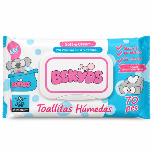 Toallitas húmedas Bekyds Soft & Cream con provitamina B5 y vitamina E, paquete de 70 unidades.