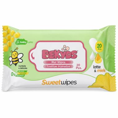 Toallitas húmedas BEKYDS Sweet Wipes con leche y miel, paquete de 20 unidades con tapa rígida
