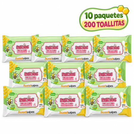 10 paquetes de toallitas húmedas BEKYDS Sweet Wipes de leche y miel, 200 unidades en total.