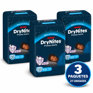 Tres paquetes de Huggies DryNites Pyjama Pants para niño de 8 a 13 años y 30–48 kg, 27 unidades en total