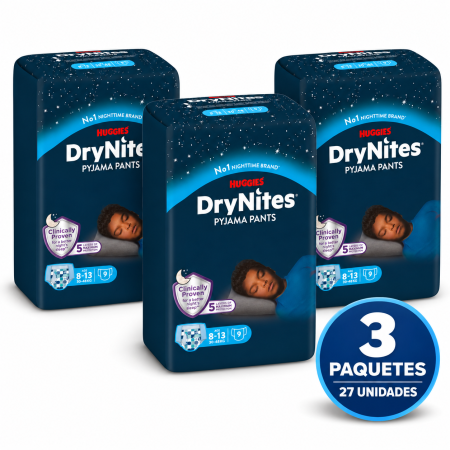 Tres paquetes de Huggies DryNites Pyjama Pants para niño de 8 a 13 años y 30–48 kg, 27 unidades en total