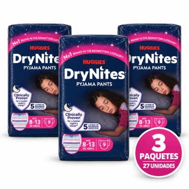 Tres paquetes de Huggies DryNites Pyjama Pants para niña de 8 a 13 años y 30–48 kg, 27 unidades en total