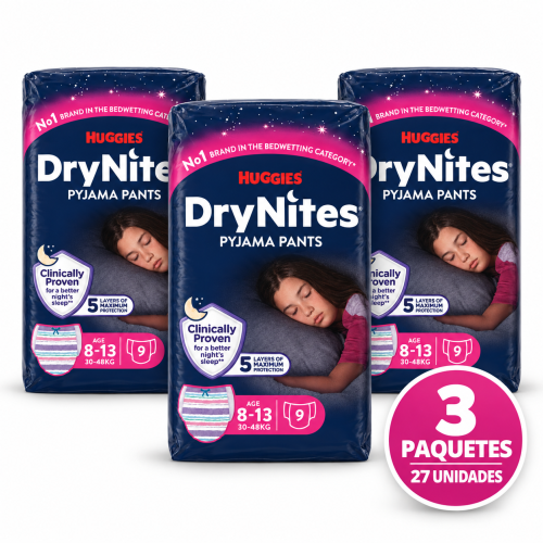 Tres paquetes de Huggies DryNites Pyjama Pants para niña de 8 a 13 años y 30–48 kg, 27 unidades en total
