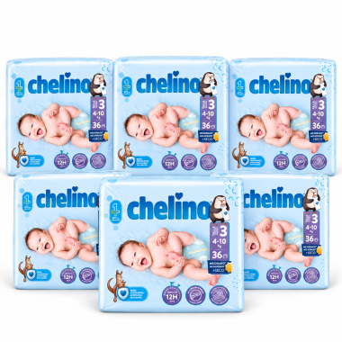 Pack de 6 paquetes de pañales Chelino Talla 3 – 216 pañales para bebés de 4 a 10 kg