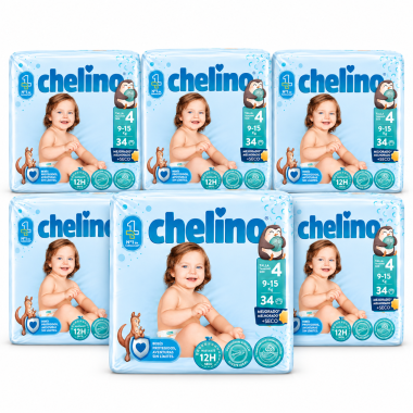 Pack de 6 paquetes de pañales Chelino Talla 4 – 204 pañales para bebés de 9 a 15 kg