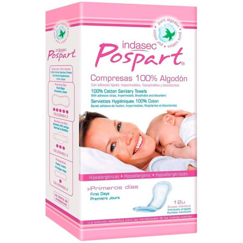 Compresa Tocológica Postpart de Algodón, 12 Uds. Indasec