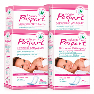 Pack 4 Indasec Pospart Primeros Días (4 x12 ) 48 Compresas de Algodón 100 %