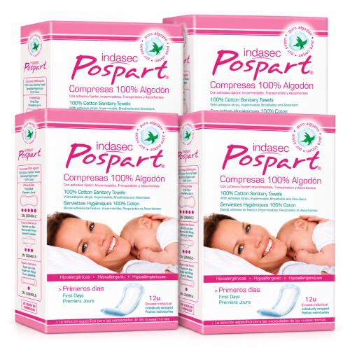 Pack 4 Indasec Pospart Primeros Días (4 x12 ) 48 Compresas de Algodón 100 %