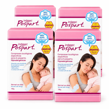 Pack de 4 paquetes Indasec Pospart Normal con Alas de 14 unidades cada uno – 56 compresas posparto en total.