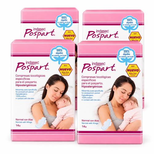 Pack de 4 paquetes Indasec Pospart Normal con Alas de 14 unidades cada uno – 56 compresas posparto en total.