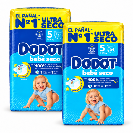 Pack de 2 paquetes Dodot Bebé Seco Talla 5 de 54 unidades, 108 pañales para bebés de 11 a 16 kg.