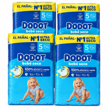 Pack ahorro Dodot Bebé Seco Talla 5 con 4 paquetes de 54 unidades: 216 pañales para bebés de 11 a 16 kg.
