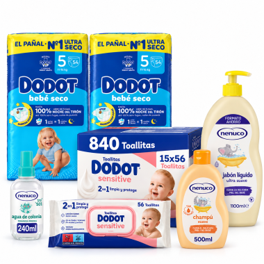 Pack completo con 108 pañales Dodot Bebé Seco Talla 5, 840 toallitas Dodot Sensitive y productos de higiene infantil Nenuco.