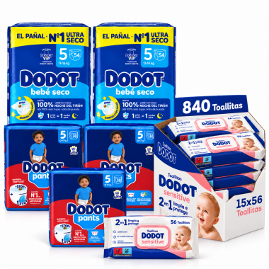 Pack ahorro con dos paquetes Dodot Bebé Seco Talla 5, tres paquetes Dodot Pants Talla 5 y 840 toallitas Dodot Sensitive.