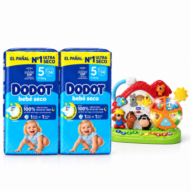 Dos paquetes Dodot Bebé Seco Talla 5 de 54 unidades junto a una granja educativa interactiva Chicco