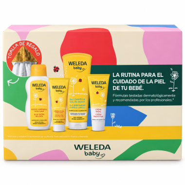 Set Weleda Baby Caléndula con cuatro productos para el cuidado del bebé, toalla de algodón y pañal ecológico Pingo de regalo.