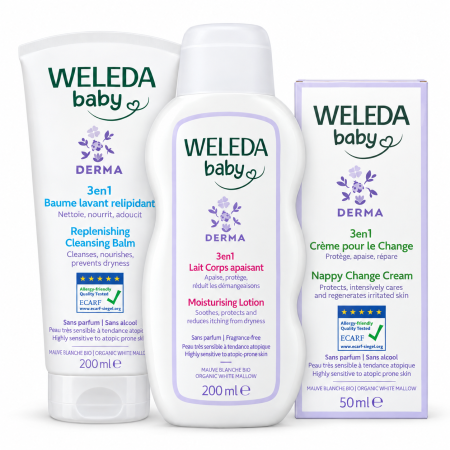 Novedad Pack Weleda Baby Derma Piel Atópica – Bálsamo, Leche Corporal y Crema Pañal