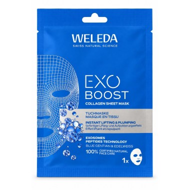 Mascarilla facial Weleda EXO Boost con exosomas vegetales, péptidos y Collagen+ Active Complex – 20 ml.