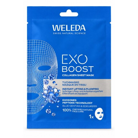 Mascarilla facial Weleda EXO Boost con exosomas vegetales, péptidos y Collagen+ Active Complex – 20 ml.