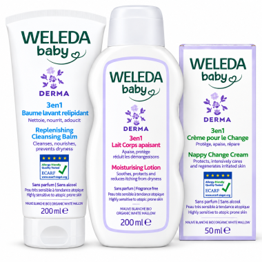 Novedad Pack Weleda Baby Derma Piel Atópica – Bálsamo, Leche Corporal y Crema Pañal