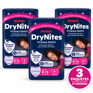 Tres paquetes de Huggies DryNites Pyjama Pants para niña de 8 a 13 años y 30–48 kg, 27 unidades en total