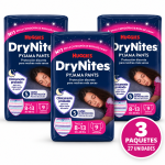 Tres paquetes de Huggies DryNites Pyjama Pants para niña de 8 a 13 años y 30–48 kg, 27 unidades en total