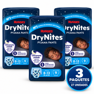 Tres paquetes de Huggies DryNites Pyjama Pants para niño de 8 a 13 años y 30–48 kg, 27 unidades en total