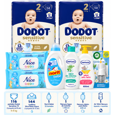 Pack Súper Ahorro Bebé – Dodot Sensitive T2 (116) + Toallitas (144) + Nenuco + Norit + Air Wick