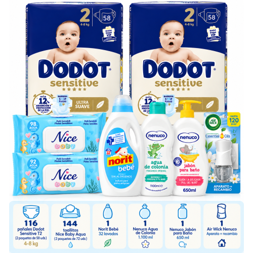 Pack Súper Ahorro Bebé – Dodot Sensitive T2 (116) + Toallitas (144) + Nenuco + Norit + Air Wick