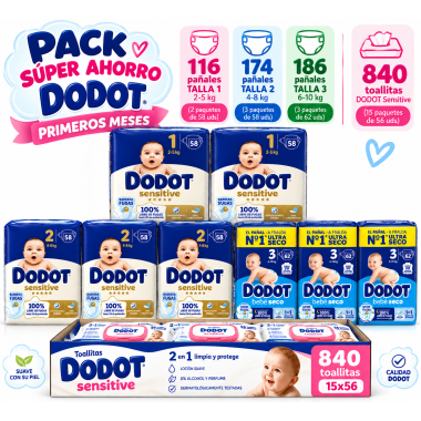 Pack Súper Ahorro Dodot – Talla 1 (116 pañales) + Talla 2 (174 pañales) + Talla 3 (186 pañales) + 840 Toallitas