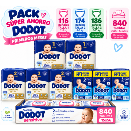Pack Súper Ahorro Dodot – Talla 1 (116 pañales) + Talla 2 (174 pañales) + Talla 3 (186 pañales) + 840 Toallitas