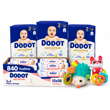 Pack Súper Ahorro Dodot Sensitive Talla 2 con 174 pañales, 840 toallitas Sensitive y 2 juguetes para bebé Infantino y Chicco.