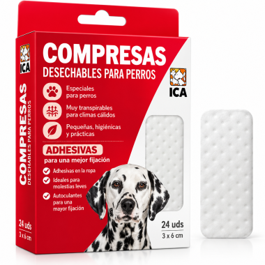 Compresas higiénicas adhesivas ICA para braguitas de perros Talla S 75 × 45 mm – Pack 24 unidades.