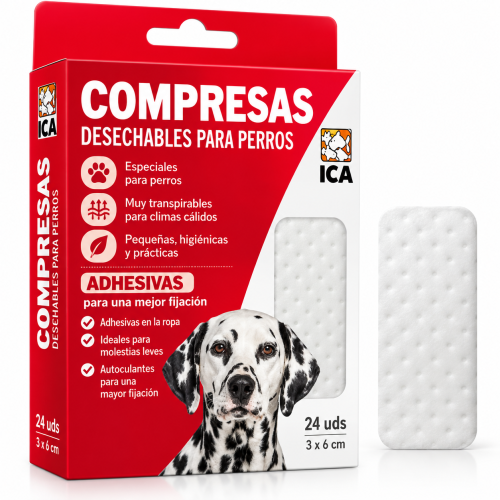Compresas higiénicas adhesivas ICA para braguitas de perros Talla S 75 × 45 mm – Pack 24 unidades.